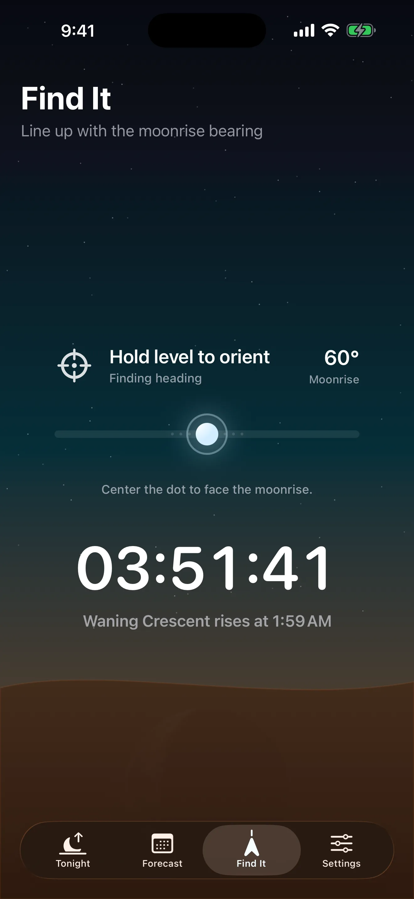 Moonrise Moment showing the live direction and countdown screen.
