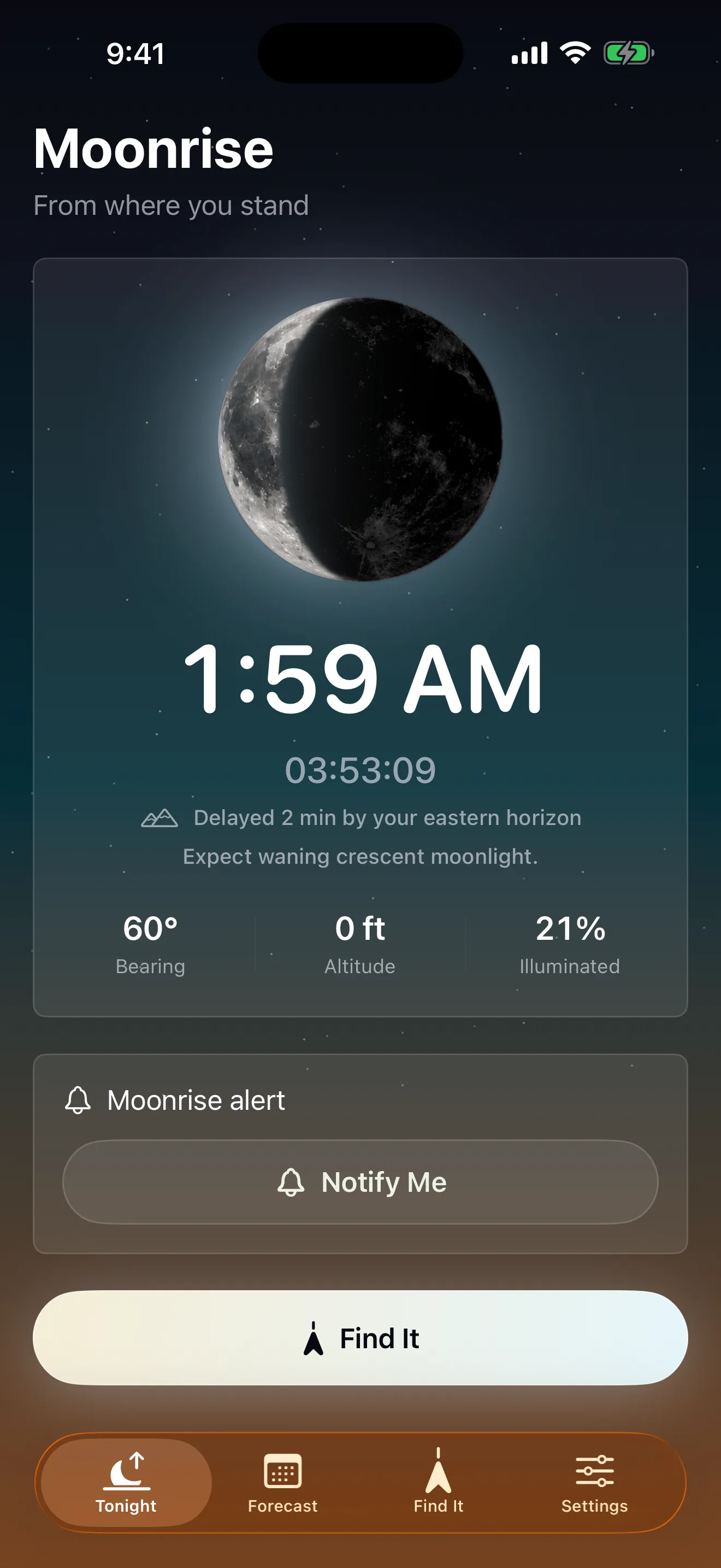 Moonrise Moment Next Rise screen with moonrise time, phase, and bearing.