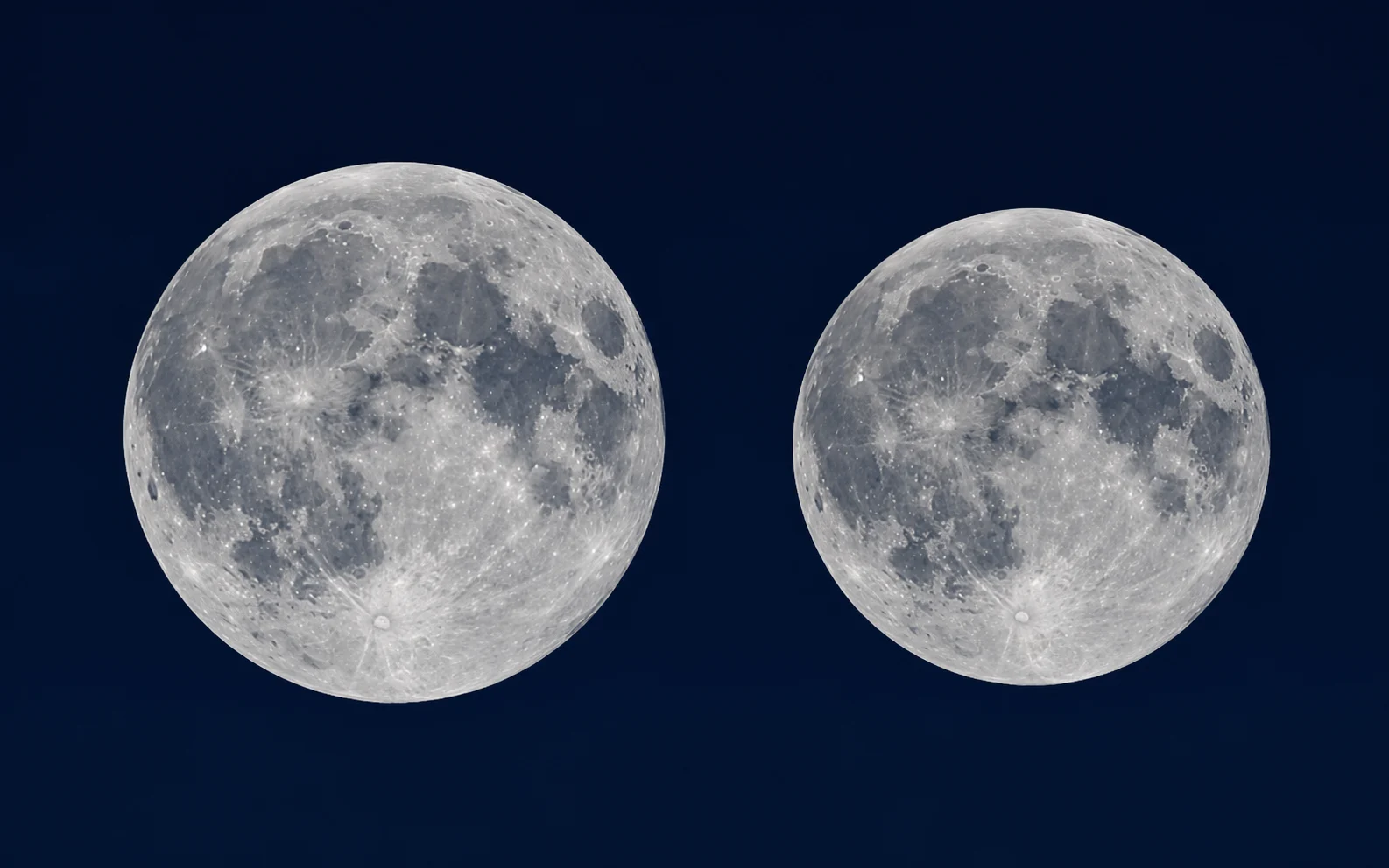 Two full Moons showing the subtle apparent-size difference between a supermoon and a micromoon.