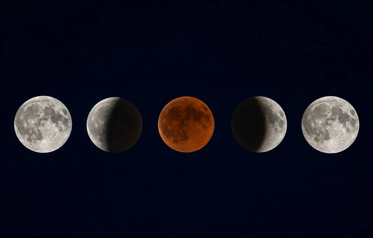 Five stages of a lunar eclipse culminating in a copper-red Moon.