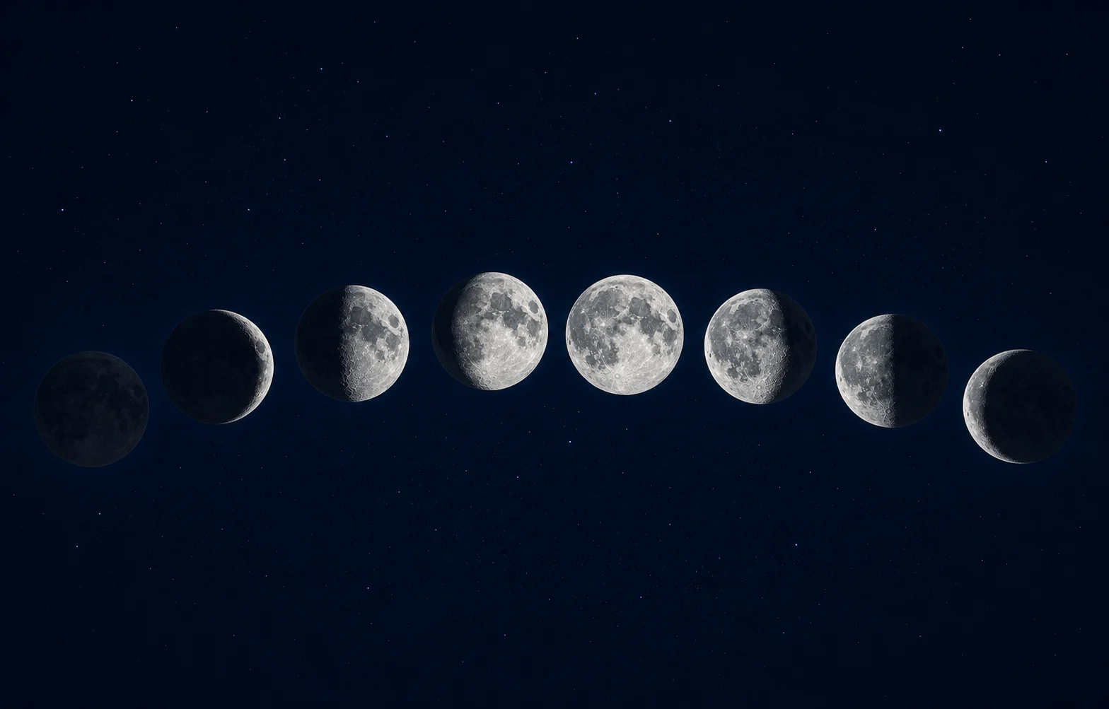 Eight illuminated Moon disks showing the lunar phase cycle.