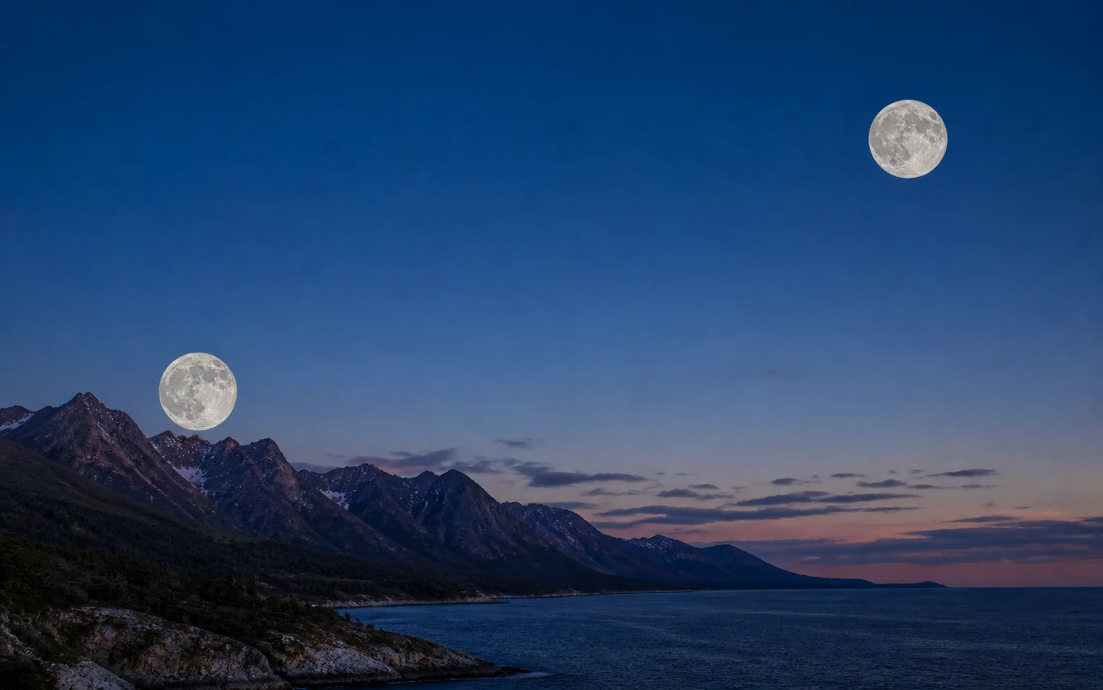 Two equal-size Moons, one near a mountain horizon and one high in the sky, illustrating the Moon illusion.