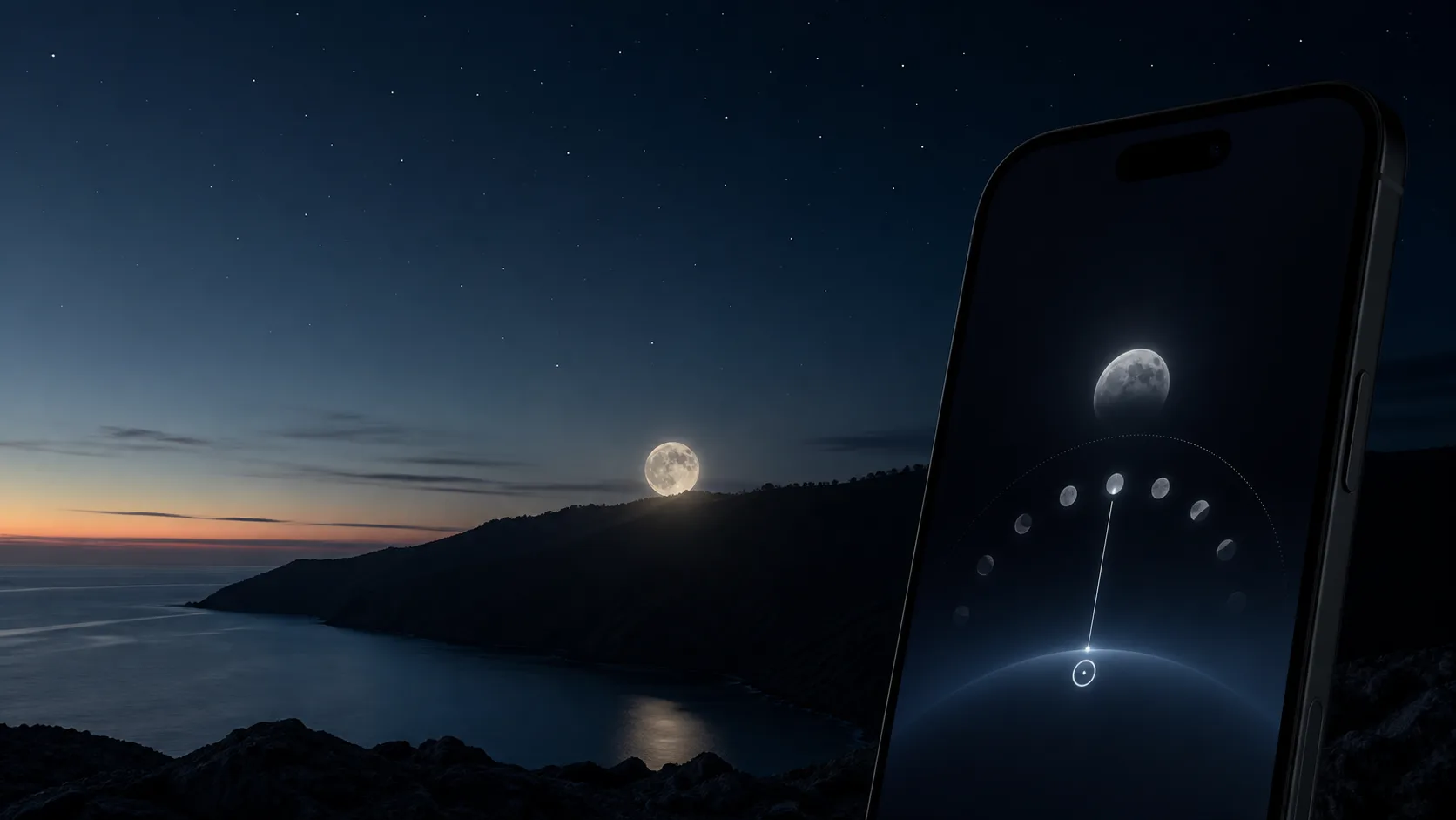 Moon rising over a coastal ridge beside an iPhone showing a moon direction interface.
